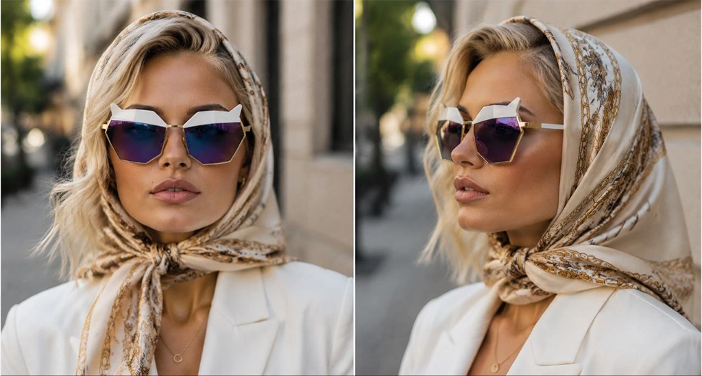 عینک آفتابی زنانه چندضلعی فشن الهام‌گرفته از گوچی GUCCI فریم سفید طلایی با عدسی بنفش آینه‌ای | مدل 8688