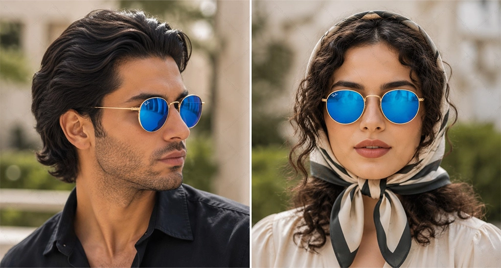 عینک آفتابی گرد مسترکوالیتی ری‌بن RayBan با فریم طلایی مات و عدسی آبی آینه ای | کد RB3447
