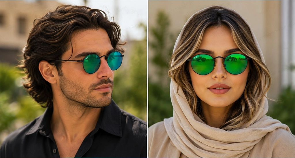 عینک آفتابی گرد مسترکوالیتی ری‌بن RayBan با فریم مشکی و عدسی سبز آینه ای | کد RB3447