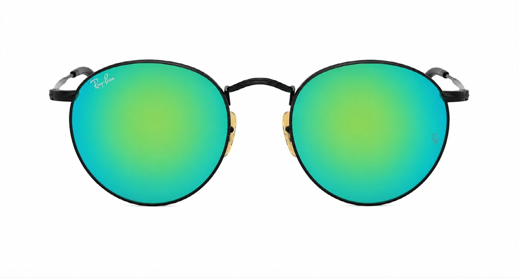 عینک آفتابی گرد مسترکوالیتی ری‌بن RayBan با فریم مشکی و عدسی سبز آینه ای | کد RB3447