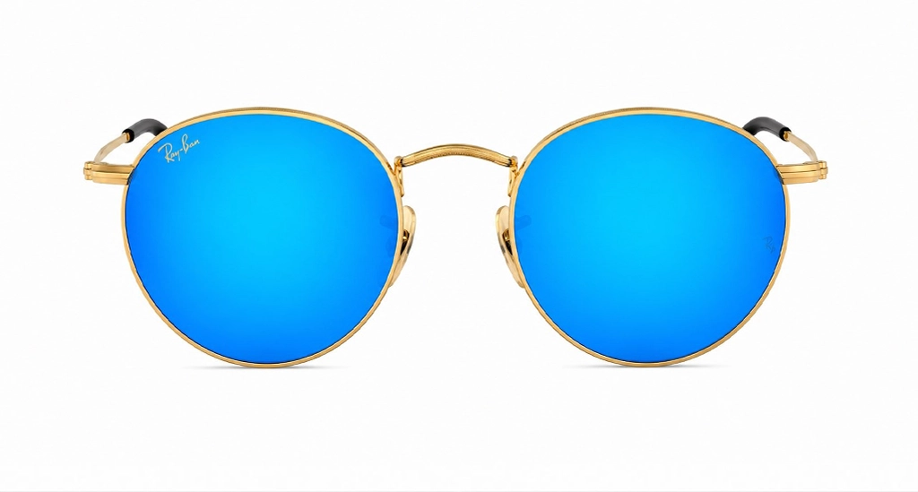 عینک آفتابی گرد مسترکوالیتی ری‌بن RayBan با فریم طلایی مات و عدسی آبی آینه ای | کد RB3447