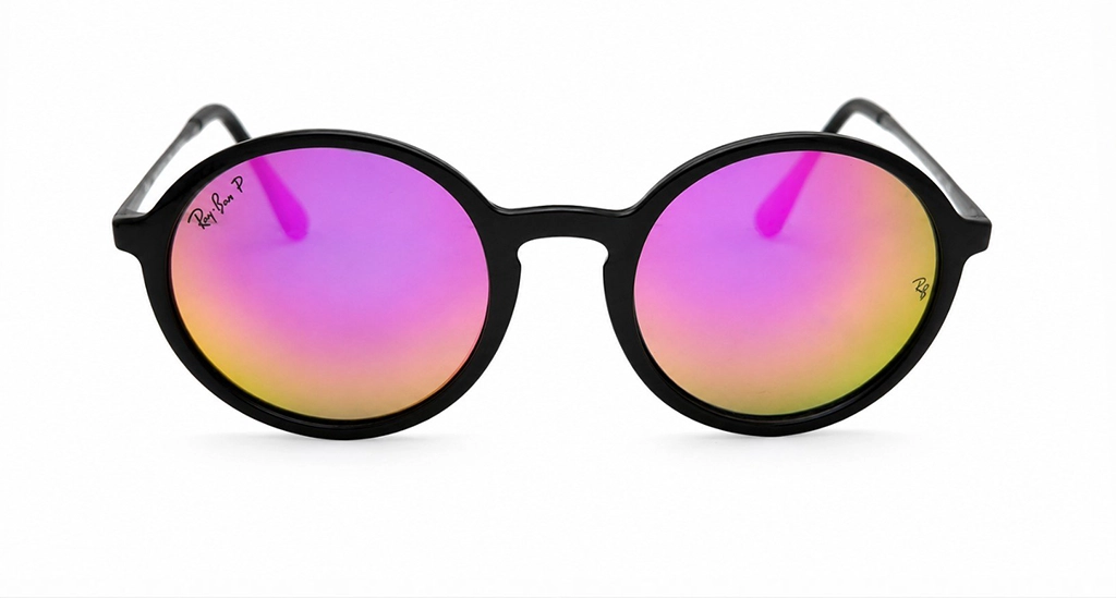 عینک آفتابی گرد مسترکوالیتی ری‌بن RayBan با فریم مشکی و عدسی صورتی-بنفش آینه ای | کد RB4222